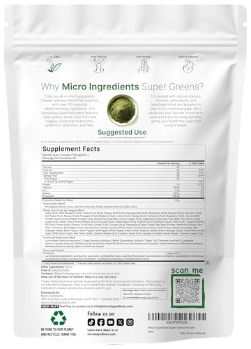 Micro Ingredients Super Greens Powder 1Lb 100 Superfood Blend With Daily Greens Probiotics Fruits Vegetables & Mushrooms Source Of Vegan Protein & Enzymes Non-Gmo Gluten-Free No Additives