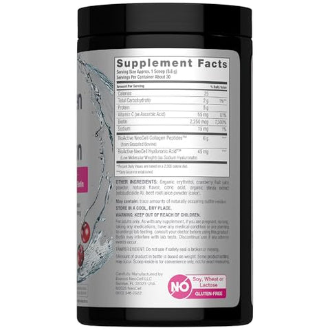 Neocell Collagen Peptides Powder 9.1 Oz Grass Fed Bovine With Biotin And Hyaluronic Acid Cranberry Cocktail Flavored Beauty Infusion Drink Mix Hair Skin & Nails