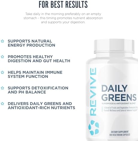 Revive Md Daily Greens Supplement For Men & Women - Superfood & Antioxidant Blend With Digestive Enzymes Prebiotics & Probiotics For Immune Support Digestive & Gut Health - 180 Capsules