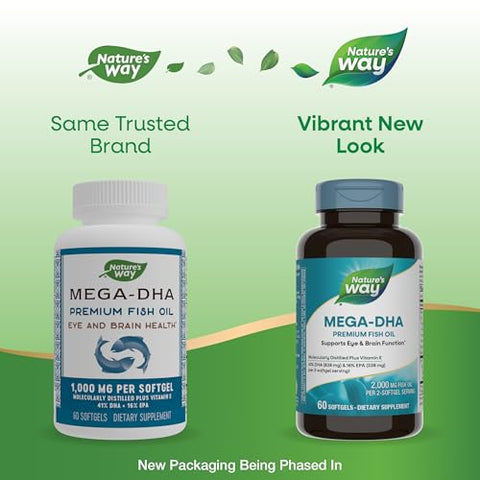 Nature'S Way Mega-Dha Premium Fish Oil Supports Eye And Brain Function Omega-3 Epa Dha Omega 3 Supplement 2000 Mg Fish Oil Per 2-Softgel Serving 60 Softgels (Packaging May Vary)