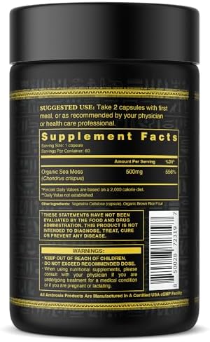 Ambrosia Irish Sea Moss Capsules High Dose 500 mg/Serving Made with Organic Sea Moss Veggie Capsules