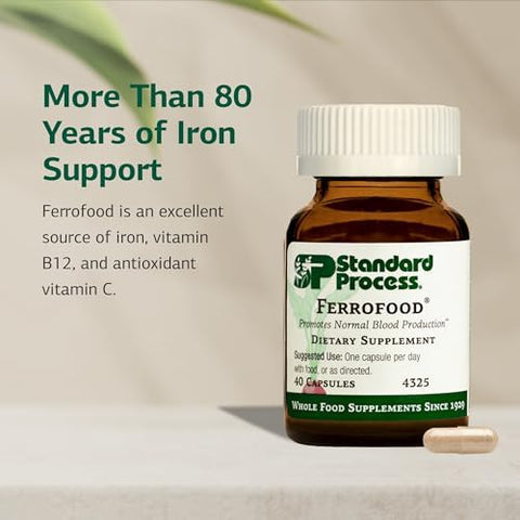 Standard Process Ferrofood Iron Supplement to Support Normal Blood Production Aid Iron Absorption with Vitamin C Health Supplement with Alfalfa Spanish Moss Vitamin B12 and More 40 Capsules