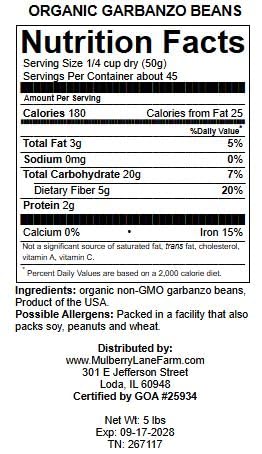 Garbanzo Beans, 5 Pounds (Chick Peas), USDA Certified Organic, Dried, Non-GMO, Great for hummus, Bulk, Product of USA, Mulberry Lane Farms
