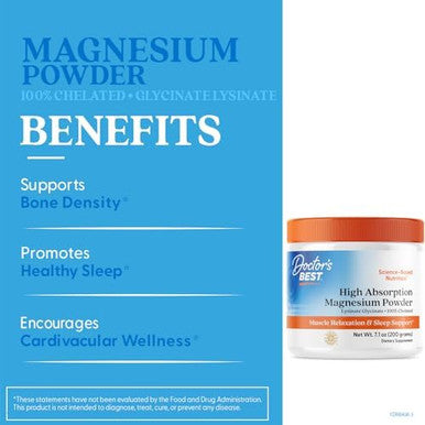Doctor'S Best High Absorption Magnesium Powderwhite 100% Chelated Traccs Not Buffered Headaches Sleep Energy. Nongmo Vegan Gluten 200G 7.1 Ounce (Pack Of 1)