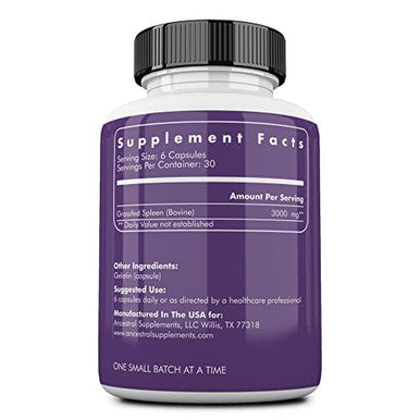 Ancestral Supplements Grass Fed Beef Spleen, Hormone, Pesticide & GMO , Absolutely No Fillers (or) Flow Agents, 500 MG Each Capsule, 180 Capsules