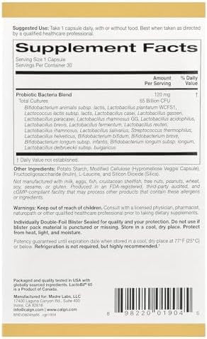 California Gold Nutrition Lactobif Probiotics 65 Bllion Cfu 20 Active & Researched Probiotic Strains Soy Sugar Vegetarian Individually Doublefoil Blister Sealed 30 Veggie Capsules