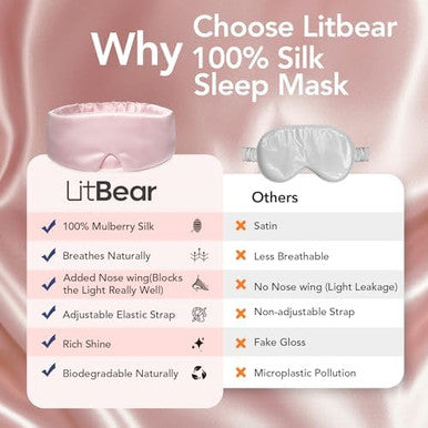 Litbear Silk Sleep Mask For Women Adjustable 100% Mulberry Silk Sleeping Eye Mask For Side Sleeper Total Blackout Eye Cover For All Night Sleep Travel Office Or Napping (Pink)