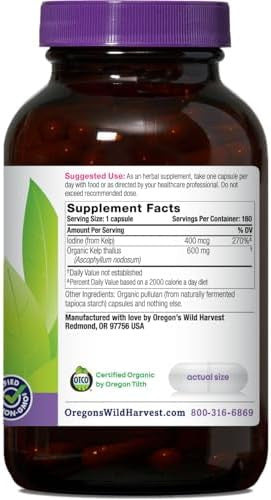 Oregon'S Wild Harvest Kelp Herbal Supplement Vegan Capsules Natural Source Of Iodine Usda Organic 180 Count