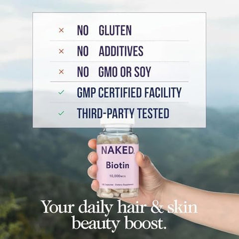 NAKED Biotin 10000mcg Max Strength Vitamin B7 Supplement for Healthy Hair Skin and Nails Support NonGMO GlutenFree Vegan Supports Keratin Production 120 Capsules