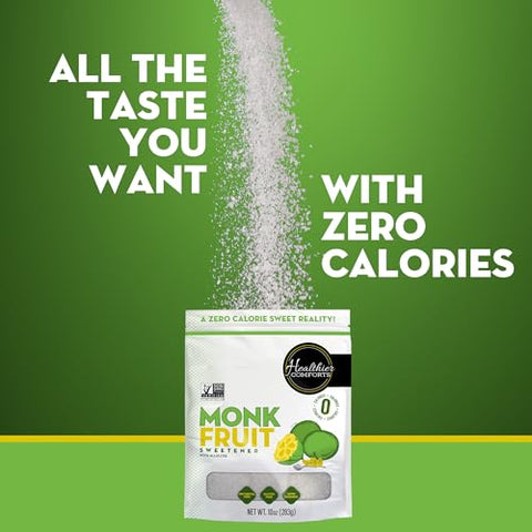 Healthier Comforts Monk Fruit with Granulated Allulose (No Erythritol) | All Natural Sugar Substitute | Zero Calorie 1:1 White Sugar Replacement | No Aftertaste, Keto, Non-GMO, Gluten Free, Vegan, Zero Net Carbs | 10oz