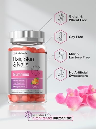 Horbaach Hair Skin and Nails Gummies 100 Count with Biotin Fruit Flavored Vitamins NonGMO Gluten Free Supplement