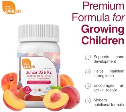 Zahler Junior D3 and K2 Bone Building and Immune Support for Kids Vitamin D3 and Vitamin K2 to Support Bone Density and Calcium Absorption NonGMO and GlutenFree Peach Apricot 90 Chewable Tablets