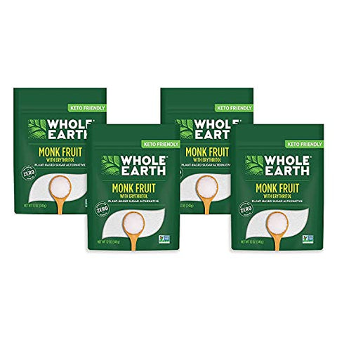 Whole Earth Sweetener Monk Fruit Sweetener with Erythritol, Plant-Based Sugar Alternative, 12 Ounce (Pack of 4)