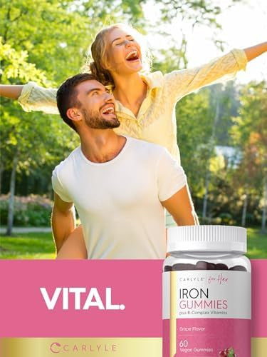 Carlyle Iron Gummies Plus B-Complex Vitamins 60 Vegan Gummies Grape Flavor Non-Gmo, Gluten Supplement