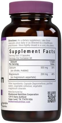 Bluebonnet Nutrition Calcium & Magnesium Bone Health Soy Gluten Nongmo Vegan Kosher Parve 180 Vegetable Capsules 60 Servings