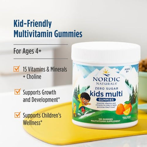 Nordic Naturals Zero Sugar Kids Multi Gummies Orange Lemon - 120 Gummies - Great-Tasting Multivitamin For Ages 4 - Supports Growth & Development - Non-Gmo Vegetarian 30 Servings