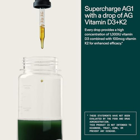 AG1 Vitamin D3 K2 Drops 1000IU of Vitamin D3 and 100mcg of K2 per Serving Supports Bone Density and Calcium Absorption (Athletic Greens)