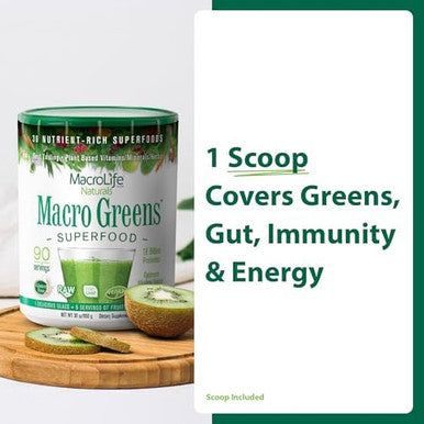 MacroLife Naturals Macro Greens Powder 38 Superfood Blend Vegan | GLP1-Friendly Digestive Enzymes Adaptogens 18 Billion CFU Probiotics Non GMO Vegan Gluten & Dairy-Free 90 Servings