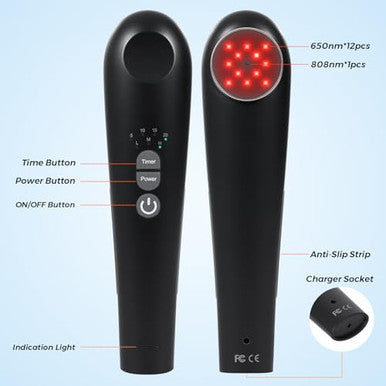 Figerm Cold Laser Therapy Device For Pain Relief Infrared Red Light Therapy Devices For Knee Neck Joint And Muscle With 808Nm & 650Nm 3 Power Mode/ 4 Timer Handheld Black