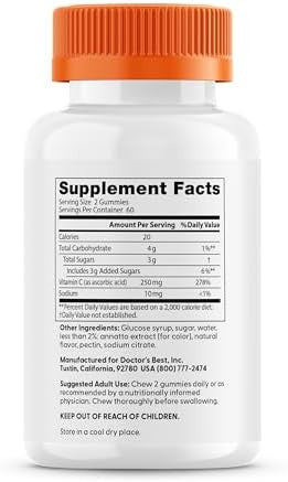 Doctor'S Best Vitamin C Gummies 250Mg Per Serving Great Tasting Immune Brain Eyes Heart Circulation Antioxidant Support Natural Pectin Vegan Gluten Ct Fruit 120 Count