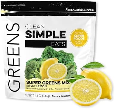 Clean Simple Eats Super Greens Powder Naturally Flavored Greens Powder With Chlorella Spirulina Superfoods & Prebiotic Fiber No Artificial Ingredients Gluten Peachy Greens Flavor 30 Srvgs