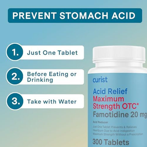 Curist Famotidine 20Mg Bulk Pack (300 Count Tablets) Acid Reflux Medicine For Heartburn Relief Otc Maximum Strength Stomach Acid Reducer Anti Acid Relief Tablets For Indigestion Heartburn Relief