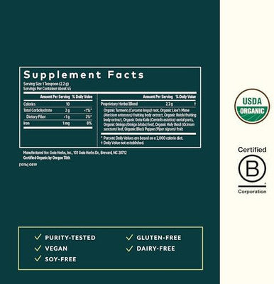 Gaia Herbs Lion'S Mane & Turmeric Powder Herbal Mushroom Supplement Powder To Help Maintain Brain Health And Recall Usda Organic3.53 Oz (Up To 45Day Supply)