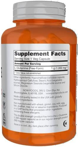 Now Sports Nutrition Lglutamine Double Strength 1000 Mg Amino Acid 240 Veg Capsules