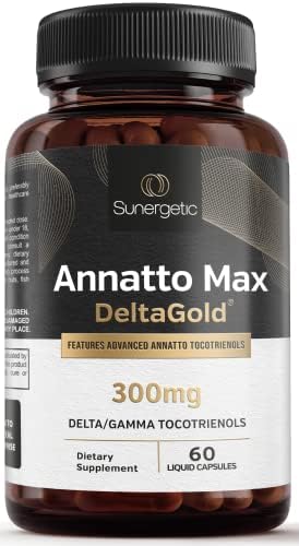 Sunergetic Premium Annatto Tocotrienol Supplement " With Deltagold " Tocotrienols Vitamin E 300 Mg " Supports Liver Immune & Heart Health Delta + Gamma Tocotrienols (60 Liquid Capsules)