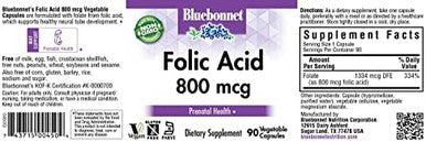 Bluebonnet Nutrition Folic Acid 800Mcg Healthy Neurological Development Soy Dairy & Gluten Nongmo Kosher Vegan Vegetable Capsules 180 Count