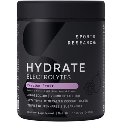 Sports Research Hydrate Electrolytes Powder - Sugar-Free & Naturally Flavored With Vitamins Minerals And Coconut Water - Supports Hydration - Passion Fruit & Cherry Pomegranate