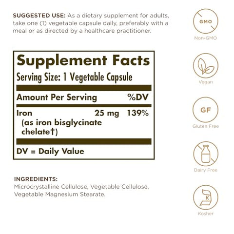 Solgar Gentle Iron (Iron Bisglycinate) 25 Mg - 90 Vegetable Capsules - Non-Constipating Gentle On Your Stomach - Non-Gmo Gluten Free 90 Servings
