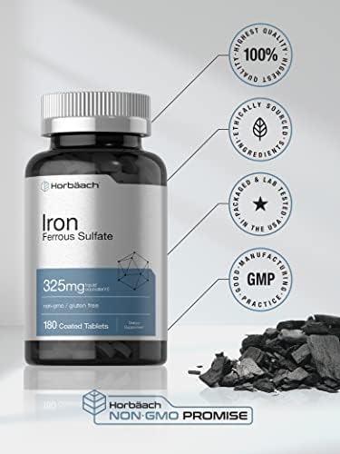 Horbaach Iron Supplement Tablets 180 Count Ferrous Sulfate Vegetarian NonGMO and Gluten Free