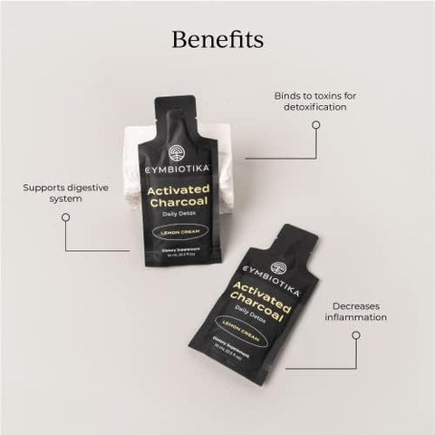 Cymbiotika Activated Charcoal Liquid Supplement Packets From Coconuts For Bloating Gut Health & Digestive Support Helps Detox Vitamin E Lemon Cream Flavor Vegan 26 Pack