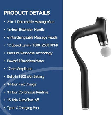 Bozkoon 2-In-1 Detachable Massage Gun Deep Tissue Ergonomic Extension Handle Back Massager For Hard-To-Reach Areas 12-Speed Percussion Muscle Massager For Shoulder Waist Thigh Legs