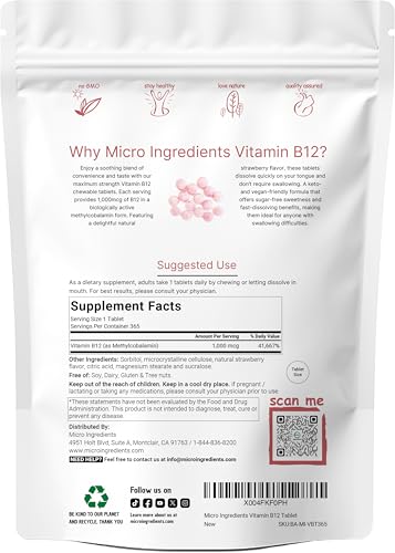 Micro Ingredients Vitamin B12 1000 Mcg Methylcobalamin 365 Chewable Tablets Fast Dissolve Natural Strawberry Flavor Supports Energy & Metabolism Health Vegan Non-Gmo Gluten Free