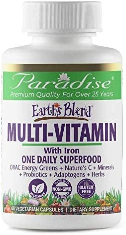 Paradise Herbs Earth's BlendA Organic Superfood Multivitaman with Iron | Antioxidants, Probiotics, Adaptogens, Vitamins A, B, C, D, K2 | Orac Energy Greens + Minerals + Herbs | 60 Vegetarian Capsules