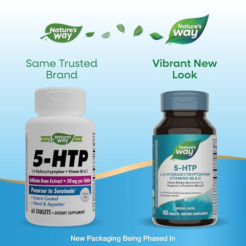 Nature'S Way 5-Htp L-5-Hydroxytryptophan Helps Make Serotonin To Promote A Positive Outlook Vitamin B6 Vitamin C Griffonia Bean Extract 60 Tablets (Packaging May Vary)