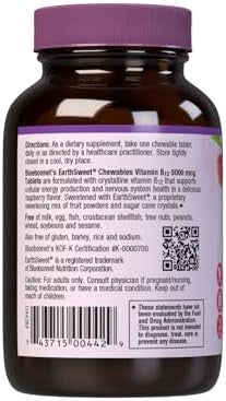 Bluebonnet Nutrition Earth Sweet Vitamin B12 5000 Mcg Chewable Tablets Soy Gluten Kosher Dairy Vegan Raspberry Flavored 60 Chewable Tablets 60 Servings