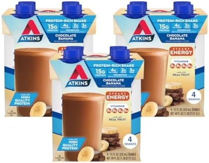 Atkins Chocolate Banana Protein Shake 15G Protein & Milk Chocolate Delight Protein Shake 15G Protein Low Glycemic 2G Net Carb 1G Sugar Keto Friendly 12 Count