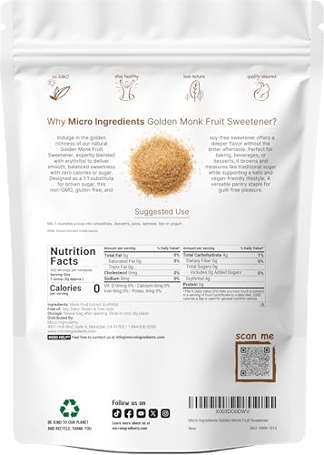 Golden Monk Fruit Sweetener with Erythritol, 4 Pounds - No After Taste - Brown Sugar Substitute, Keto Diet Friendly, Zero Calorie, Natural Sweetener for Drinks, Coffee, Tea, Cookies, No-GMO, Vegan
