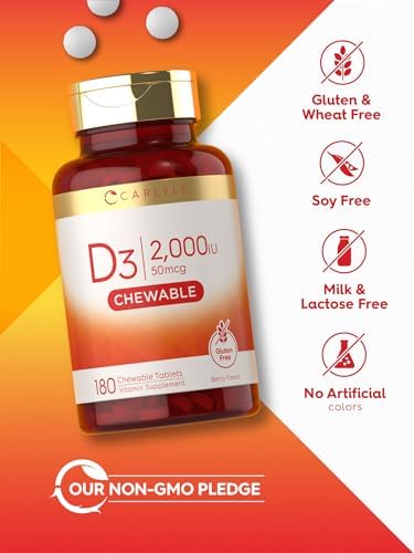 Carlyle Chewable Vitamin D3 2000 IU (50mcg) 180 Chewable Tablets Berry Flavor Vegetarian NonGMO and Gluten Free Supplement