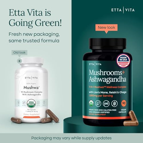 Etta Vita Usda Organic Lions Mane Supplement Capsules With Ashwagandha Chaga Reishi Cordyceps Turkey Tail - 10X Adaptogenic Mushroom Complex As Focus Supplement - Energy Immunity & Nootropic