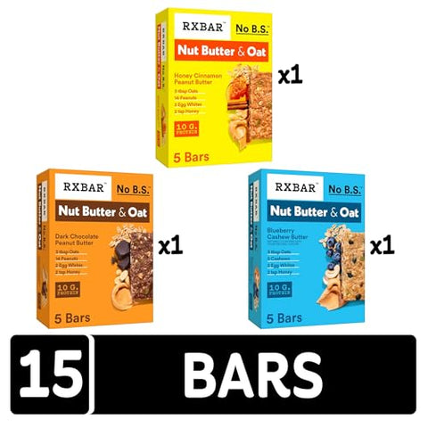 RXBAR Nut Butter and Oat Protein Bars, Protein Snack, Snack Bars, Variety Pack (3 Boxes, 15 Bars)