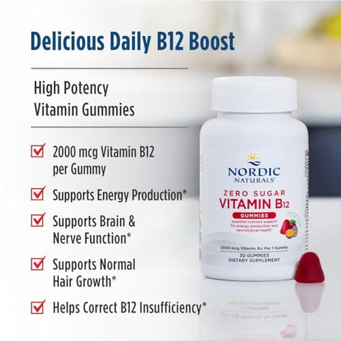 Nordic Naturals Zero Sugar Vitamin B12 Gummies - 2000 Mcg Vitamin B12 Per Gummy Passion Fruit Guava Flavor - 30 Gummies Essential Nutrient Support For Energy Production And Brain Health 30 Servings