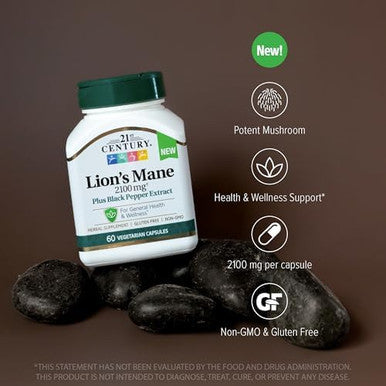 21St Century Lion'S Mane 2100 Mg Plus Black Pepper Extract Vegetarian Capsules 60 Count