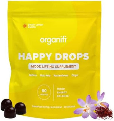 Organifi Happy Drops - Daily Superfood Happy Gummies For Adults - Mood Support Supplement For Balance, Bliss, Energy And Taking The Edge Off - Sweet Lemon Flavor - 60 Gummies