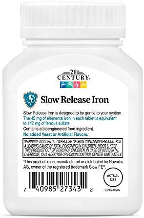21St Century Slow-Release Iron Supplement, 60 Count, High Potency Iron Tablets With 142 Mg Ferrous Sulfate, Gluten Iron Supplement For Women & Men, With No Added Yeast Or Artificial Flavors