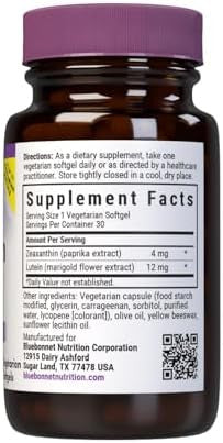 Bluebonnet Nutrition Zeaxanthin Plus Lutein Softgel & From Marigold And Paprika Eye Health & Blue Light Exposure Gluten Soy & Milk White 30 Count