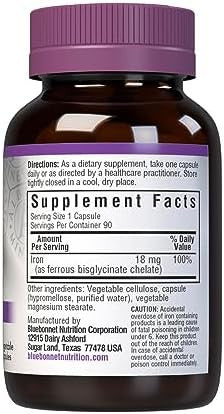 Bluebonnet Nutrition Chelated Iron 18 Mg Nonconstipating Iron Soy Gluten Nongmo Kosher Dairy Vegan 90 Vegetable Capsules 90 Servings